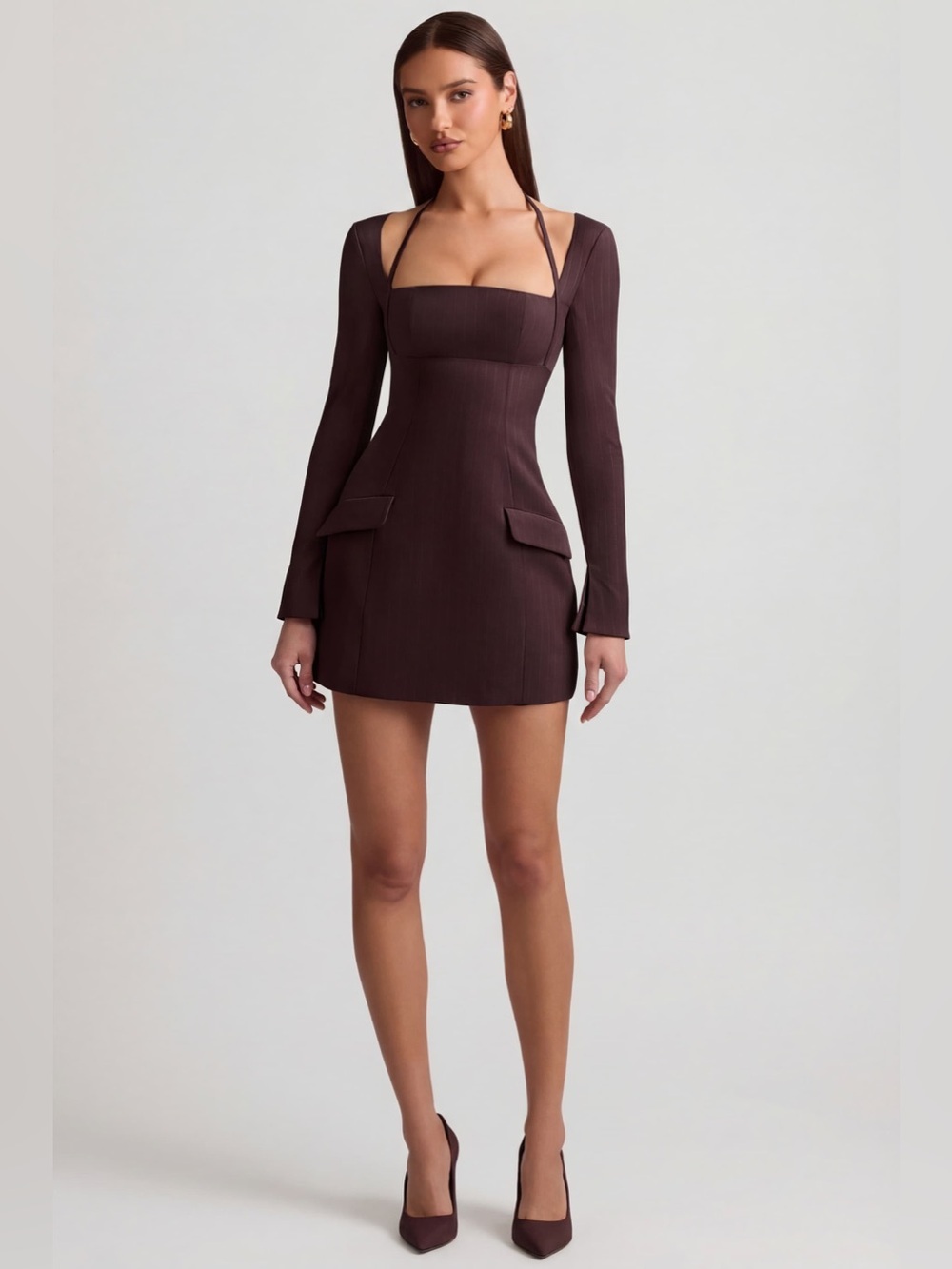 Oh Polly Ksenia Chocolate Brown Pinstripe A-Line Mini Dress UK 8